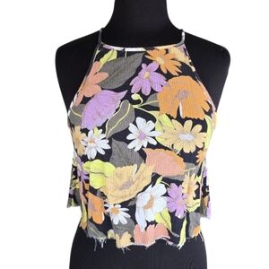 Eidon XS Cropped Floral Print Halter Crop Top Raw Hem Boho Vacation Tank